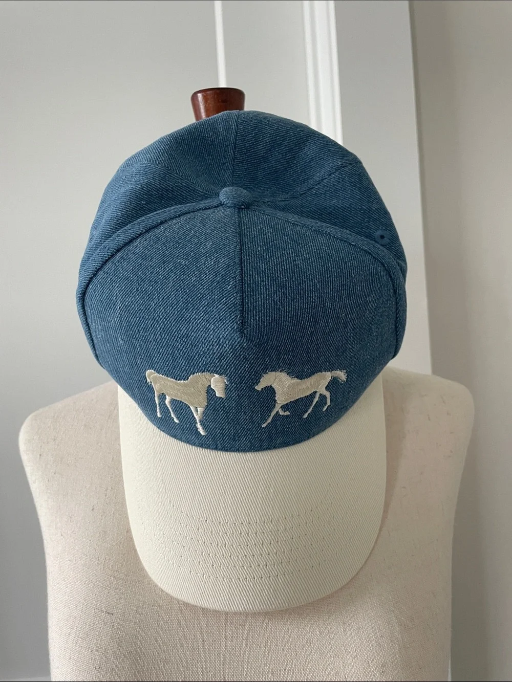 Denim Blue and Cream Horse Embroidered Baseball Cap